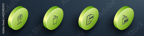 Set Isometric Cafe and restaurant location, Paper glass with water, Food ordering and burger icon. Vector