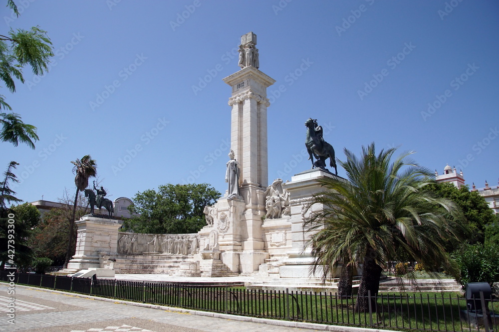Monument to the constitution of 1812, Plaza de Espana, Cadiz, Spain. Cadiz is a city and port in southwestern Spain.
