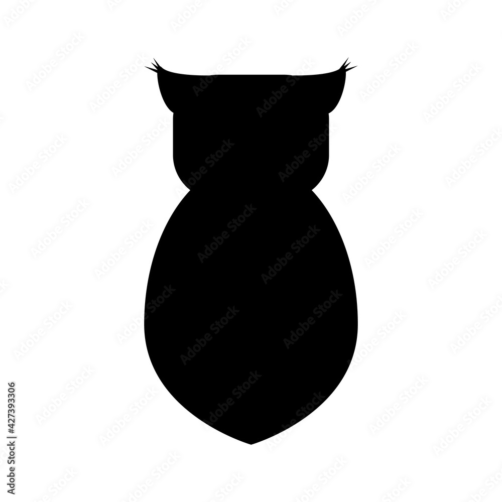 Simple illustration of an owl rear view, flat black silhouette of a sitting owl Simple illustration of an owl rear view, flat black silhouette of a sitting owl