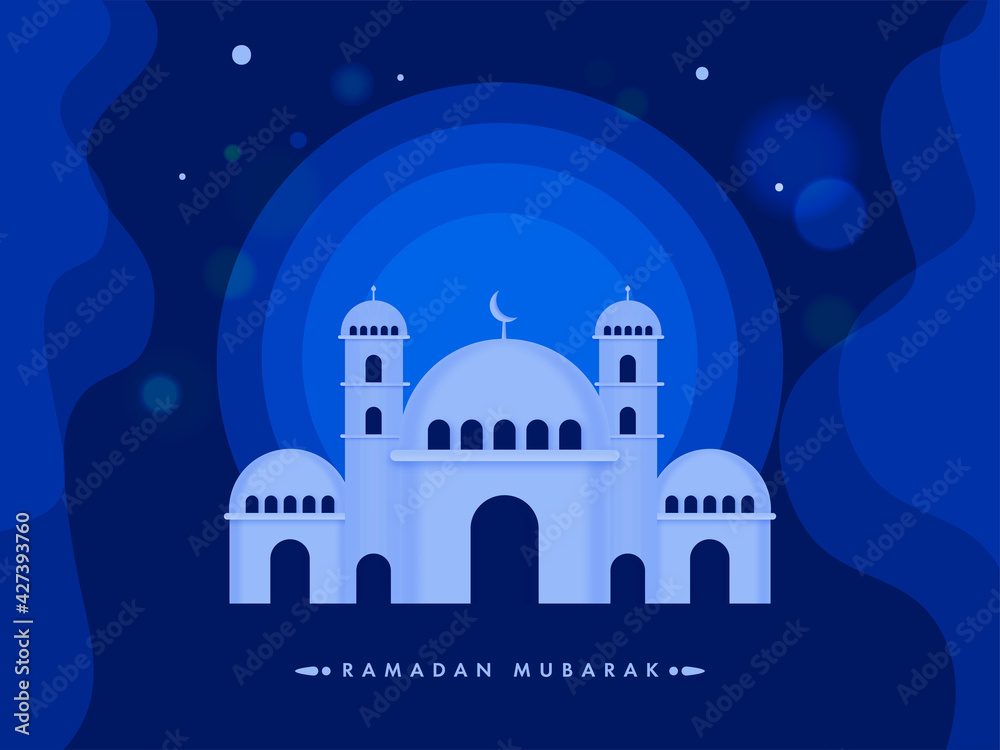 Blue Abstract Background With Mosque Illustration On The Occasion Of Ramadan Mubarak.