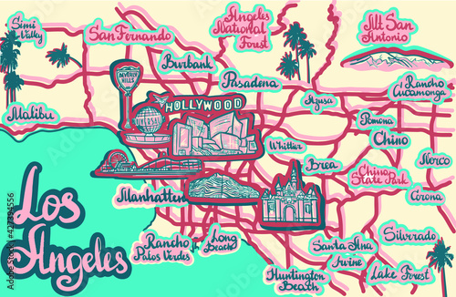 Vector abstract map of showplaces of Los Angeles  California  USA