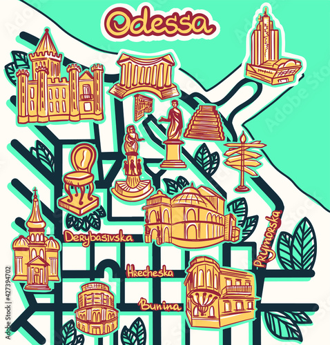 Vector abstract map with showplaces of Odessa, Ukraine