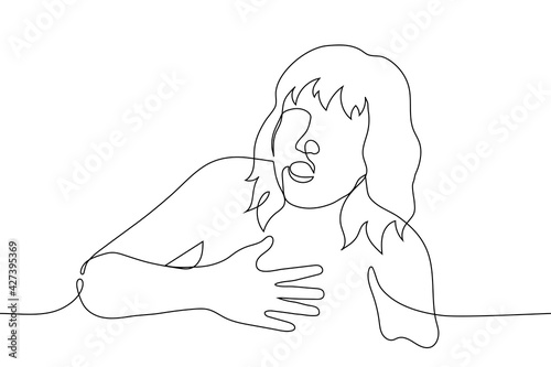 young woman in shock grabbed her chest - one line vector. concept of shock, surprise, amazement, mental breakdown, heart attack, breath holding,