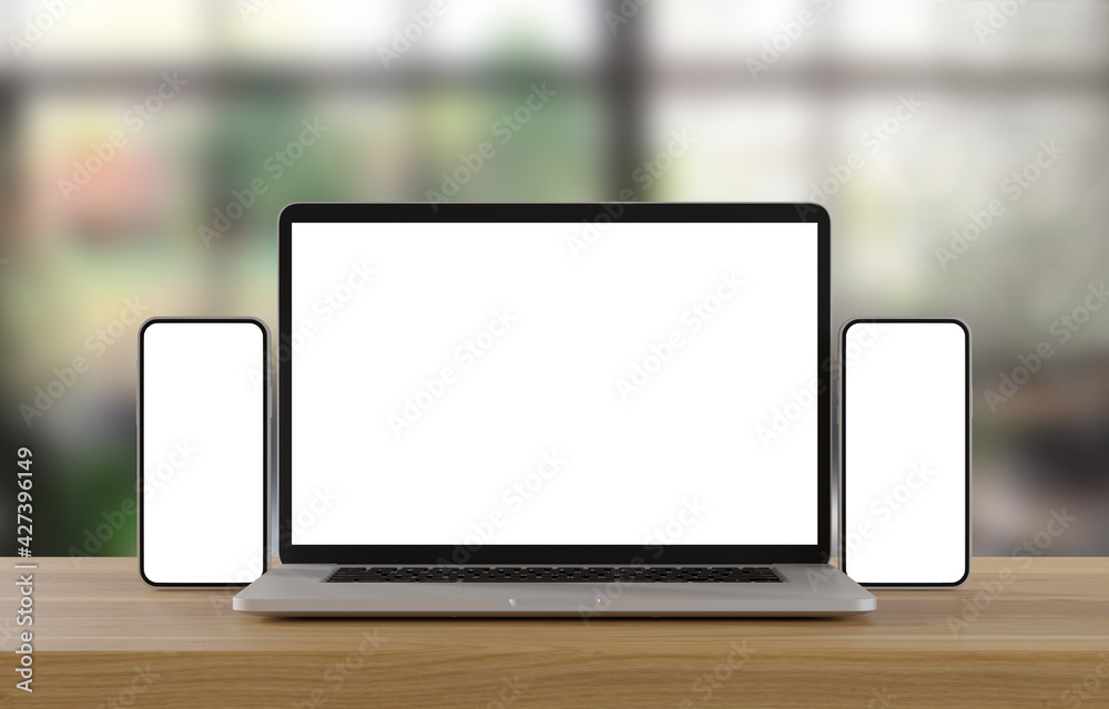 Laptop and smartphone with blank screen on wood table in blurry background with Coffee shop, 3d illustration. Laptop and smartphone with blank screen on wood table in blurry background with Coffee shop, 3d illustration.