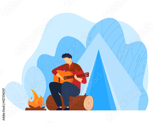 Camp guitar recreation, travel nature, grain forest, relax nature, outdoor adventure, design, flat style vector illustration.