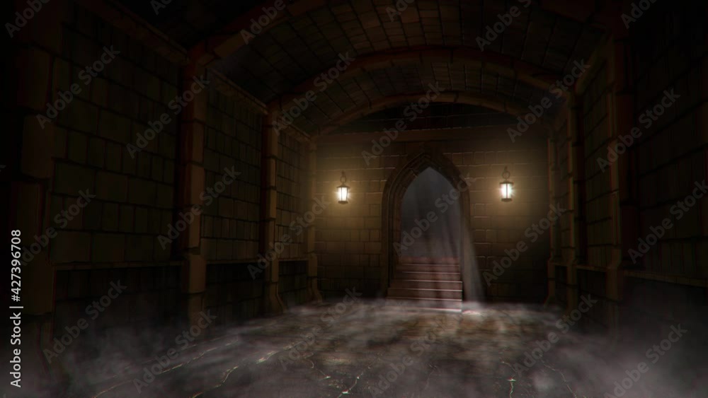 Dark medieval dungeon. 3D illustration and animation