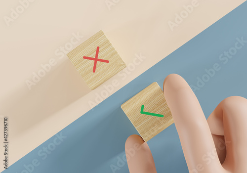Wood cube with check mark on blue and pink background, checklist concept. 3d illustration.