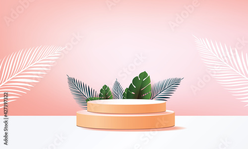  3d geometric podium mockup leaf tropical netural concept for showcase pink background Abstract minimal scene product presentation vector illustation