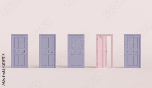 Colorful closed doors and one open door. minimal concept idea. 3d illustration.