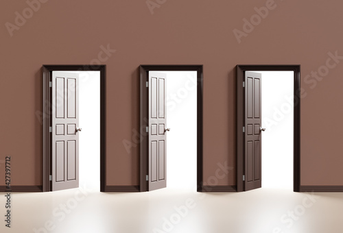 Fototapeta Naklejka Na Ścianę i Meble -  Three brown open doors on wall background, 3d illustration.