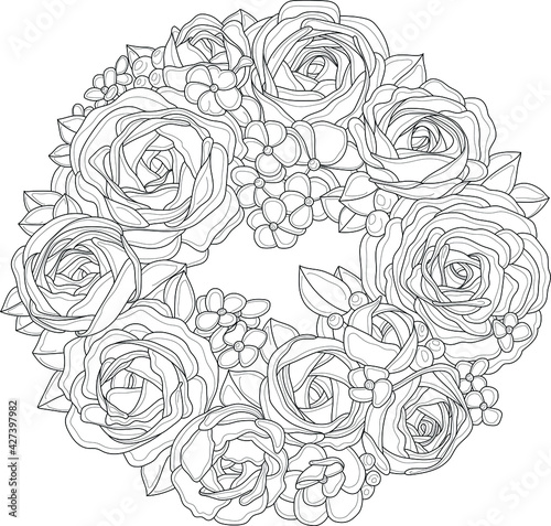 Realistic rose peony bouquet with small flowers and leafs in circle wreath shape sketch template. Vector illustration in black and white for games, decor. Coloring paper, page, story book, print