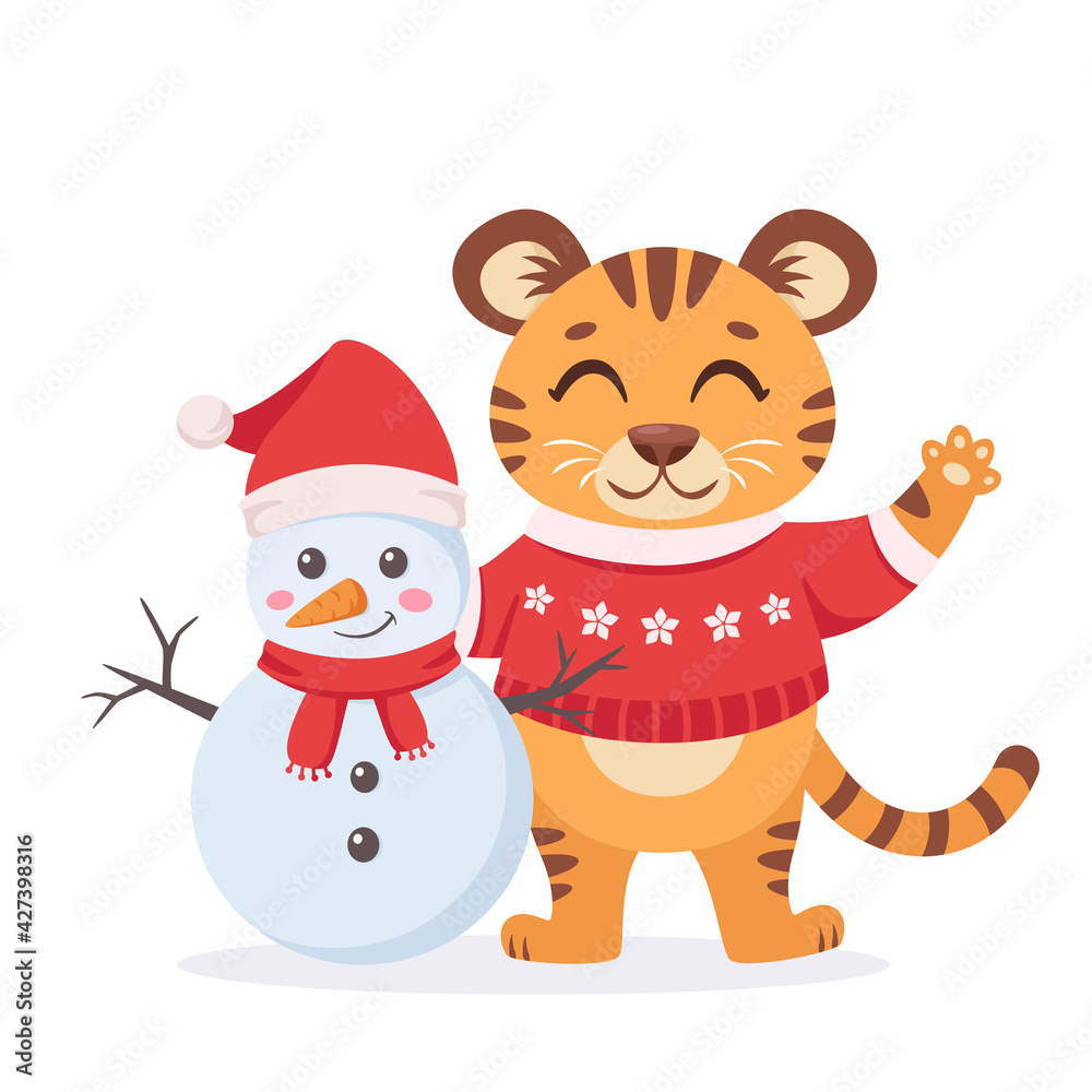 Cute tiger in a sweater with snowman. Year of the tiger. Happy New Year. Vector illustration Cute tiger in a sweater with snowman. Year of the tiger. Happy New Year. Vector illustration