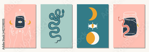 Set of hand drawn abstract elements in modern, trendy colors, taro cards and boho concept, minimalism art.