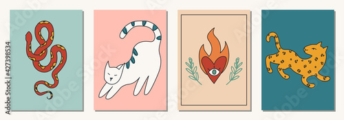 Set of hand drawn abstract elements in modern, trendy colors, taro cards and boho concept, minimalism art.