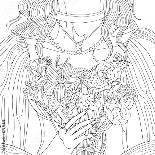 Girl hold bouquet of flowers. Coloring book illustration for adult with doodle and zentangle elements for meditation. Romantic vector outline art for holidays.