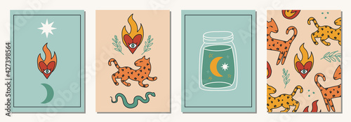 Set of hand drawn abstract elements in modern, trendy colors, taro cards and boho concept, minimalism art.