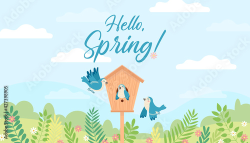 Hello Spring positive cartoon illustration with birds and birdhouse. Vector graphic clip art for wallpaper, print, banner, web page. Sky, clouds, blue birds, forest, plants, flowers.