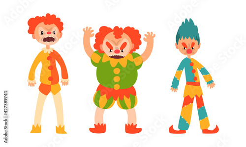 Angry Clowns Set, Jester and Joker Characters in Colorful Costumes Cartoon Vector Illustration