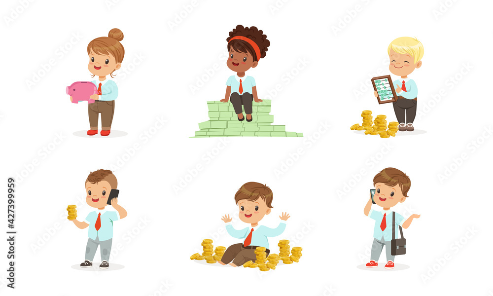 Cute Kids Millionaires Set, Rich Happy Little Children Having Lot of Money, Savings, Finance, Richness Cartoon Vector Illustration