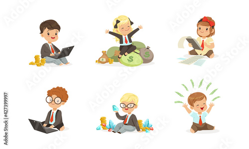 Cute Happy Kids Millionaires Set, Rich Little Children with Bundles of Money, Savings, Finance, Richness Cartoon Vector Illustration