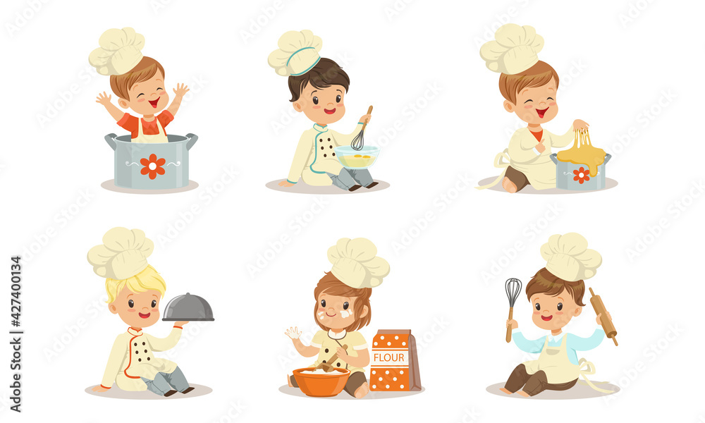 Cute Kids Chefs Characters Set, Adorable Little Children in Uniform and Chef Hat Cooking and Baking in the Kitchen Cartoon Vector Illustration Cute Kids Chefs Characters Set, Adorable Little Children in Uniform and Chef Hat Cooking and Baking in the Kitchen Cartoon Vector Illustration