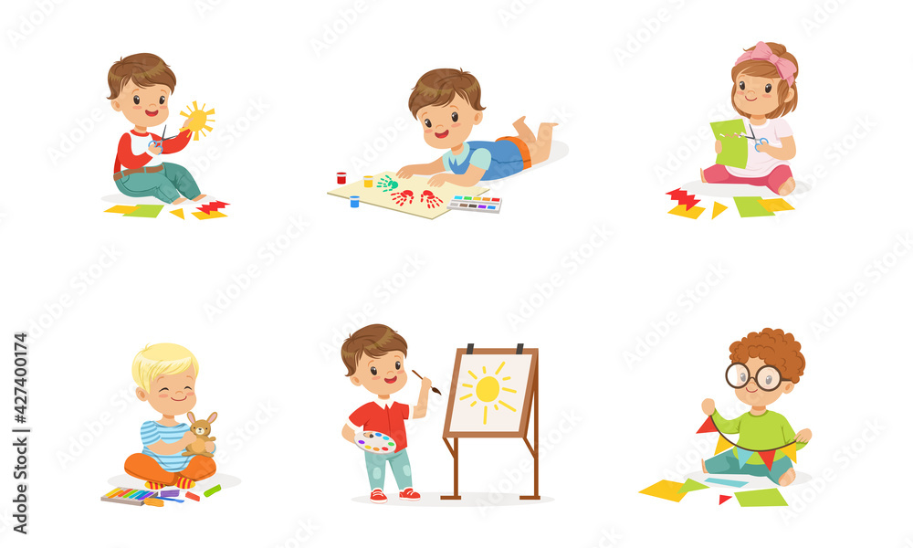 Kids Creativity Education and Development, Little Boys and Girls Painting, Cutting Application, Playing with Plasticine Cartoon Vector Illustration Kids Creativity Education and Development, Little Boys and Girls Painting, Cutting Application, Playing with Plasticine Cartoon Vector Illustration