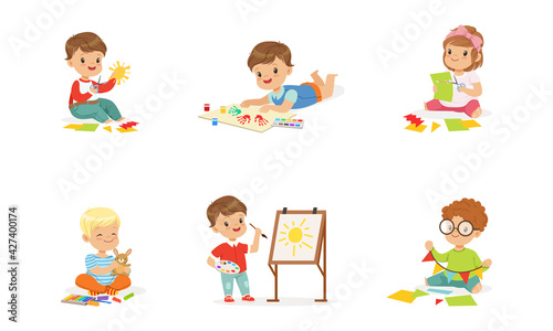 Kids Creativity Education and Development, Little Boys and Girls Painting, Cutting Application, Playing with Plasticine Cartoon Vector Illustration