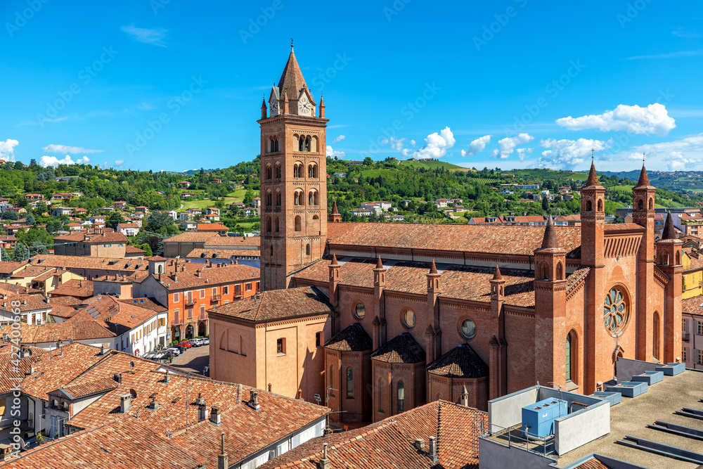 San Lorenzo Cathedral as seen from above in Alba, Italy.