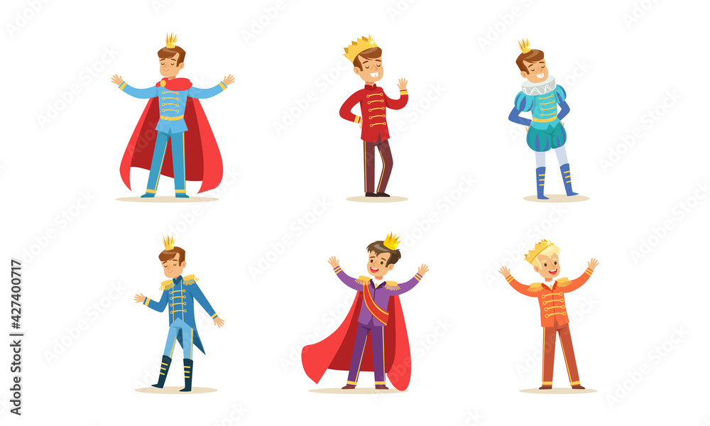 Cute Little Prince Set, Boys in Crowns Dressed Elegant Fairytale Costumes Cartoon Vector Illustration