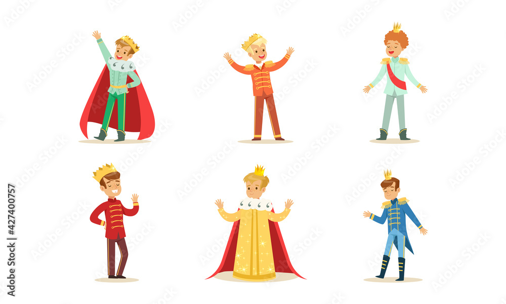 Little Princes Set, Cute Boys in Golden Crowns Dressed Elegant Fairytale Costumes Cartoon Vector Illustration