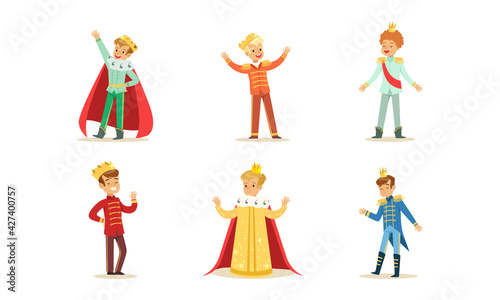 Little Princes Set, Cute Boys in Golden Crowns Dressed Elegant Fairytale Costumes Cartoon Vector Illustration