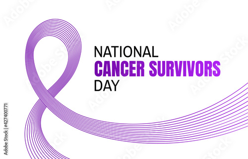 National Cancer Survivors Day baner. Purple ribbon, Cancer Awareness symbol background.