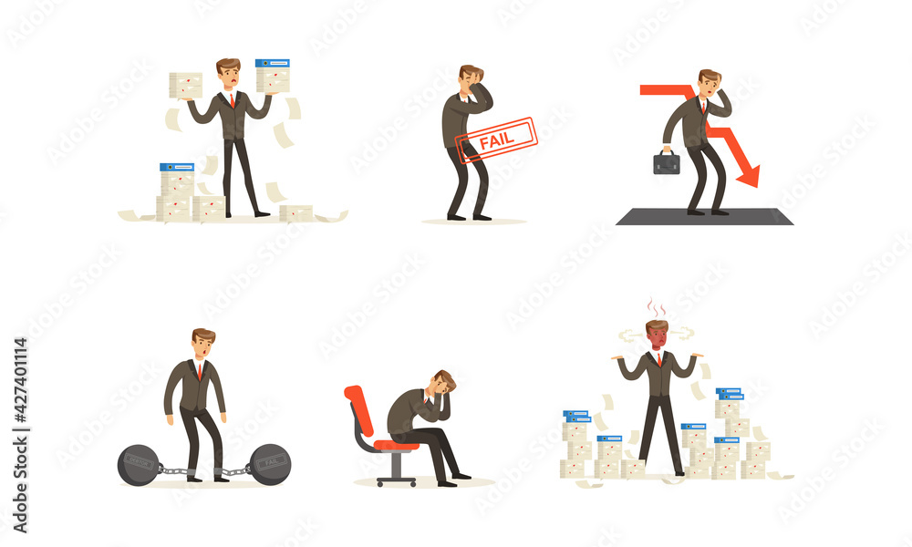 Stressed Businessman Having Financial Problems Set, Business Problems, Unpaid Loan Debt, Bankruptcy and Crisis Cartoon Vector Illustration