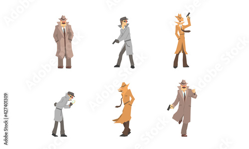 Private Detective Characters at Work Set. Police Inspector Investigating Crime Cartoon Vector Illustration