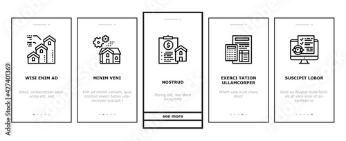 Mortgage Real Estate Onboarding Mobile App Page Screen Vector. Mortgage Agreement Contract Signing And Handshake, House Research And Buying Illustrations