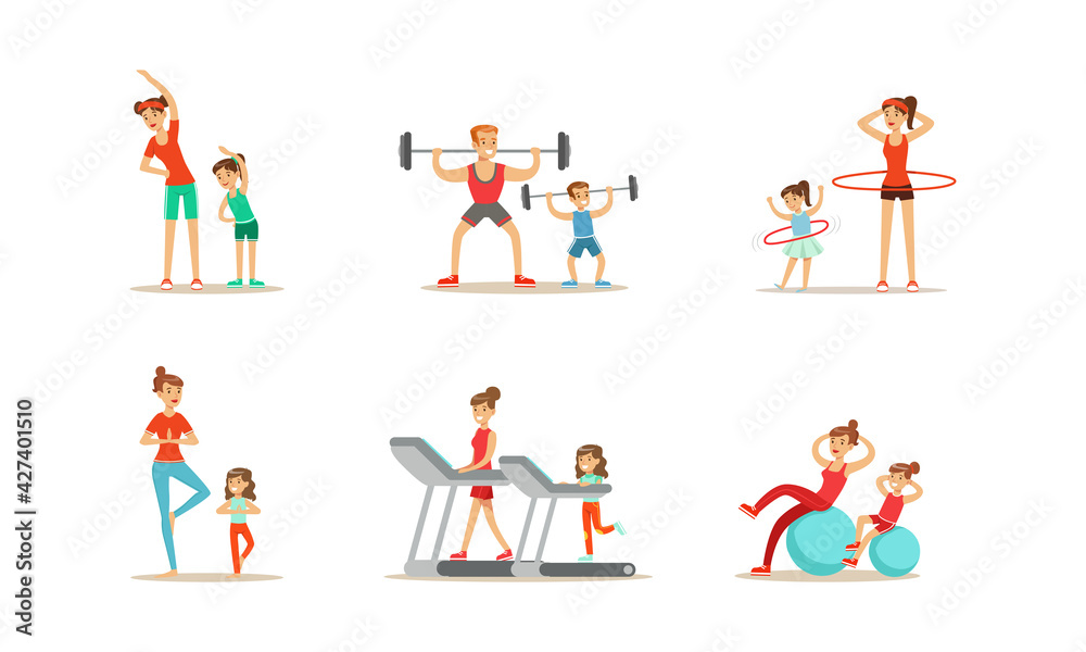 Parents and their Kids Doing Sports Together Set, Families Exercising with Barbell, Spinning Hula Hoop, Doing Yoga, Running on Treadmill Cartoon Vector Illustration