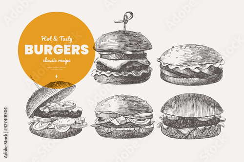 Set of hand-drawn burgers and hamburgers. Bun with cutlet, cheese, and vegetables, street food. Design element for menu, restaurant, internet food delivery. Vector illustration in vintage style.