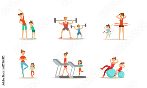 Parents and their Kids Doing Sports Together Set  Families Exercising with Barbell  Spinning Hula Hoop  Doing Yoga  Running on Treadmill Cartoon Vector Illustration
