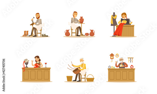 People of Creative Professions Set, Potter, Seamstress, Hat Designer, Watchmaker Cartoon Vector Illustration