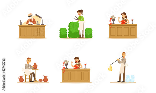 People of Creative Professions Set, Ceramist, Hat Designer, Watchmaker, Gardener, Glassblower Cartoon Vector Illustration