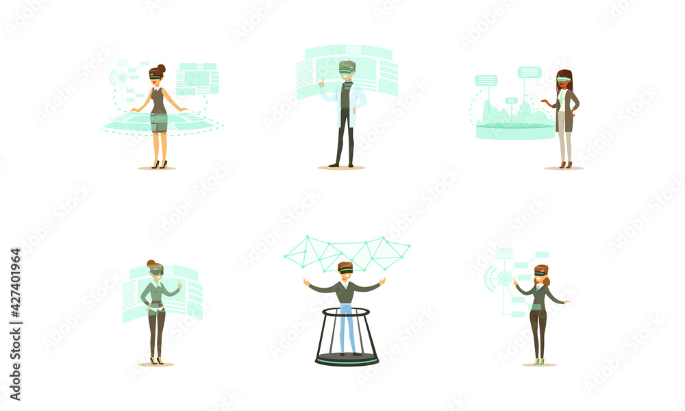 Men and Women in Augmented Reality Glasses Set, Business People Working Using Innovative Technologies Cartoon Vector Illustration Men and Women in Augmented Reality Glasses Set, Business People Working Using Innovative Technologies Cartoon Vector Illustration