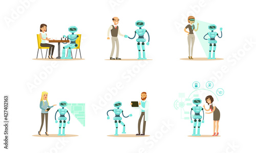 Engineers Making, Programming and Designing Robots Set, Artificial Intelligence Technology Cartoon Vector Illustration
