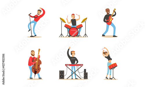 Set of Musicians and Singers  People Playing Musical Instruments and Singing Cartoon Vector Illustration