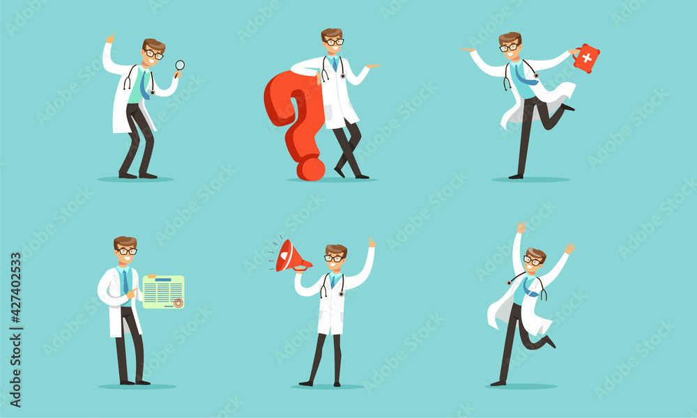 Male Medical Doctor Activity Set, Cheerful Therapist Doctor Character in White Coat Vector Illustration Male Medical Doctor Activity Set, Cheerful Therapist Doctor Character in White Coat Vector Illustration