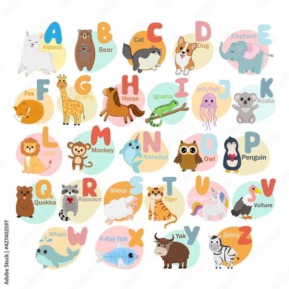 English alphabet with cute animals isolated on white background. Vector illustration for teaching children learning a foreign language.