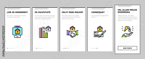 Mortgage Real Estate Onboarding Mobile App Page Screen Vector. Mortgage Agreement Contract Signing And Handshake, House Research And Buying Illustrations