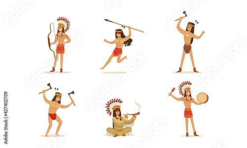 Native American Indians in Traditional Clothes Set, Male Warriors with Weapon Cartoon Vector Illustration