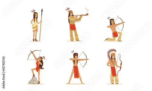 Native American Indians in Traditional Clothes Set, Male and Female Warriors with Bows and Spears Cartoon Vector Illustration