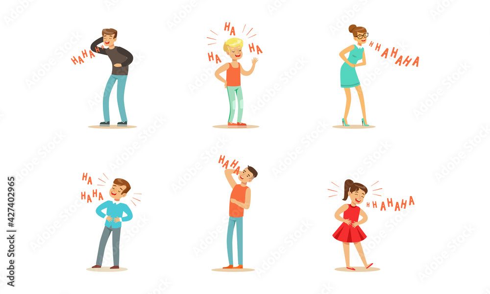 Happy People Laughing Set, Man, Woman and Kids Bursting with Laughter, Positive Emotions Concept Cartoon Vector Illustration
