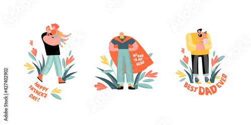Set of funny cartoon fathers day illustrations with cute characters and decorative flowers. Father and children